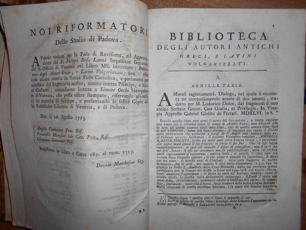 BIBLIOTECA degli Autori Antichi Greci, e Latini Volgarizzati. In fine …