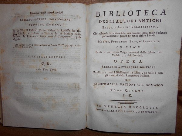 BIBLIOTECA degli Autori Antichi Greci, e Latini Volgarizzati. In fine …