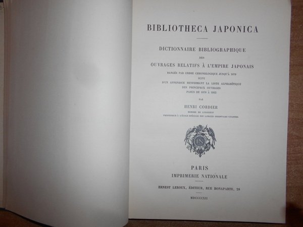 BIBLIOTHECA JAPONICA Dictionnaire Bibliographique des ouvrages relatifs à l' Empire …