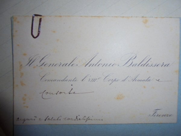 Biglietto da visita del Generale Antonio Baldissera capo delle truppe …