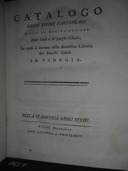 CATALOGO DELLE STORIE PARTICOLARI CIVILI ED ECCLESIASTICHE DELLE CITTÀ E …