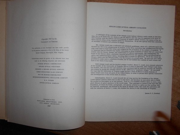 CATALOGUE of the ADOLPH LOMB OPTICAL LIBRARY at the University …