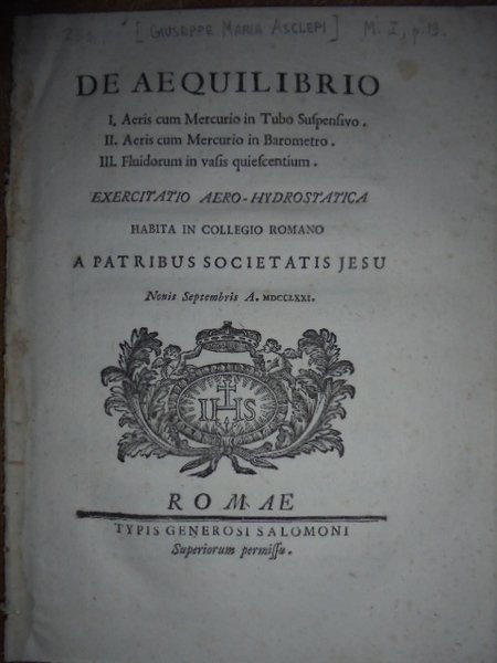 DE AEQUILIBRIO. I. AERIS CUM MERCURIO IN TUBO SUSPENSIVO ROMAE, …