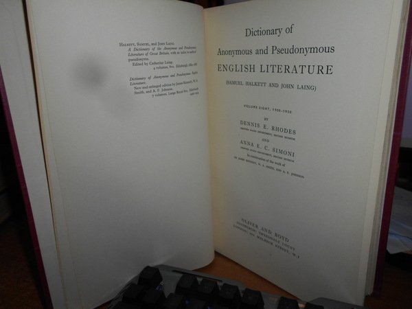 DICTIONARY of Anonymus and Pseudonymus English Literature. (Samuel Halkett and …