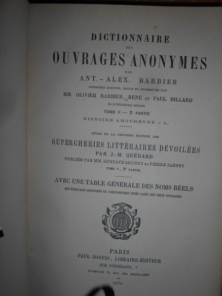 DICTIONNAIRE DES OUVRAGES ANONYMES. SUPPLEMENT a la dernière édition de …