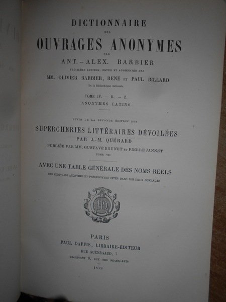 DICTIONNAIRE DES OUVRAGES ANONYMES. SUPPLEMENT a la dernière édition de …