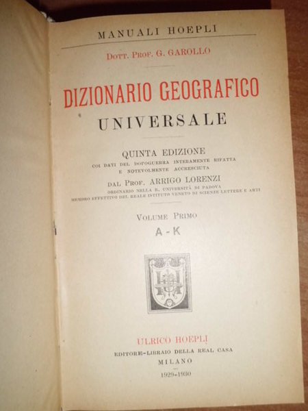 DIZIONARIO GEOGRAFICO UNIVERSALE - MANUALI HOEPLI