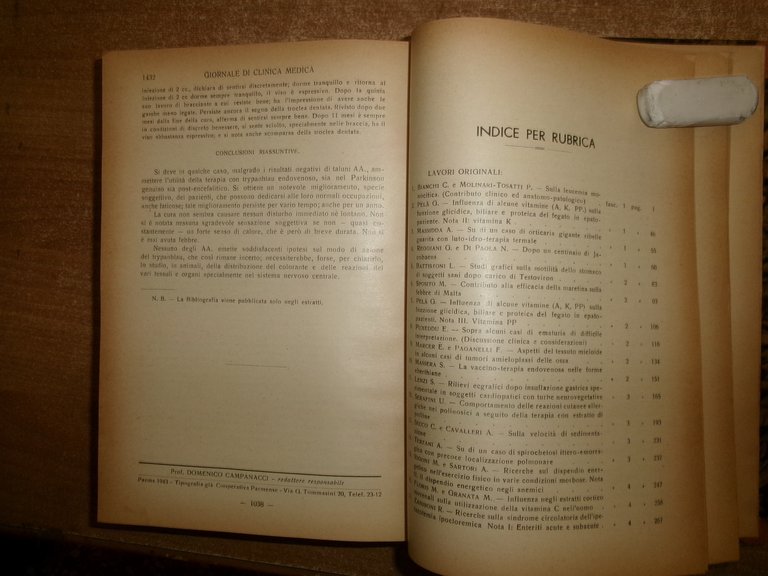 DOMENICO CAMPANACCI. Giornale di Clinica Medica 1943. 18 fascicoli legati …