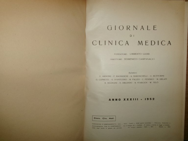 DOMENICO CAMPANACCI. Giornale di Clinica Medica 1952. 12 fascicoli legati …