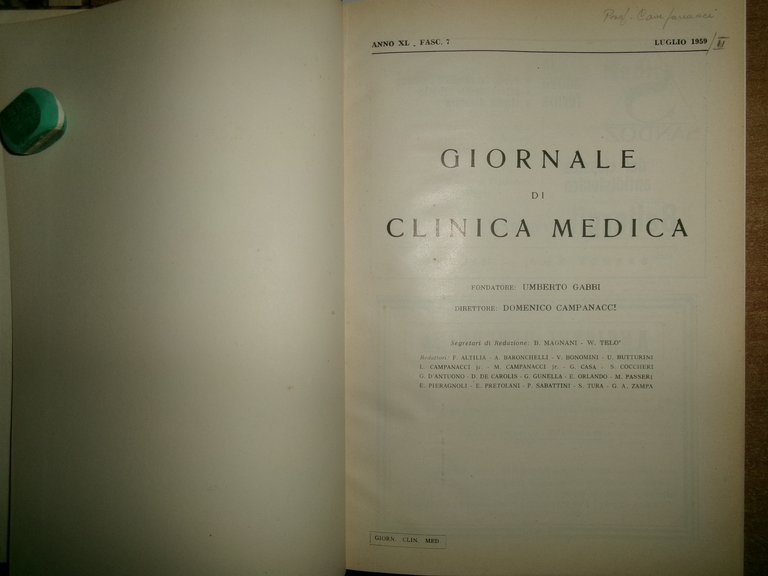 DOMENICO CAMPANACCI. Giornale di Clinica Medica 1959 12 fascicoli in …