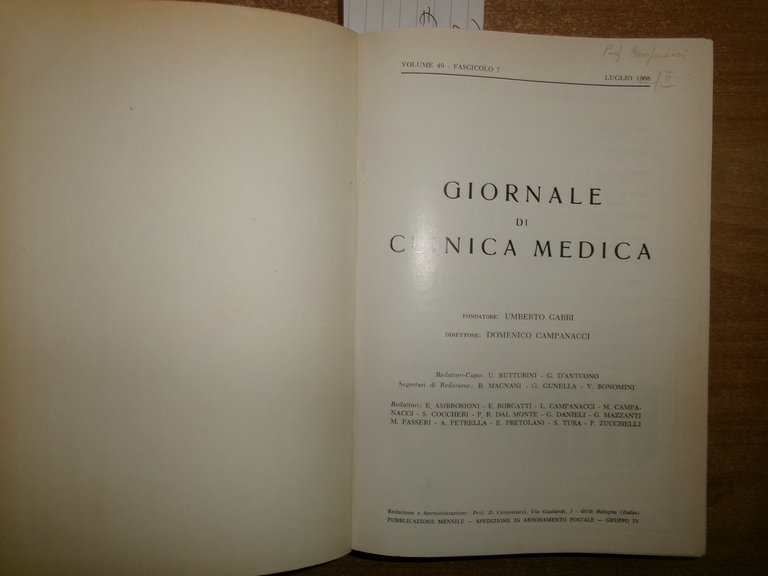 DOMENICO CAMPANACCI. Giornale di Clinica Medica 1968 12 fascicoli legati …