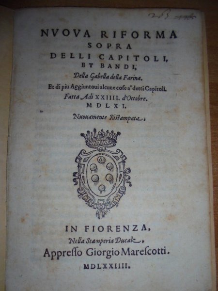 (Firenze) Bandi. NUOVA RIFORMA delle Capitoli et Bandi, della gabella …