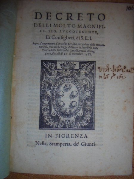 (Firenze) DECRETO delli molto Magnifici Sig. Luogotenente, et Consiglieri di …