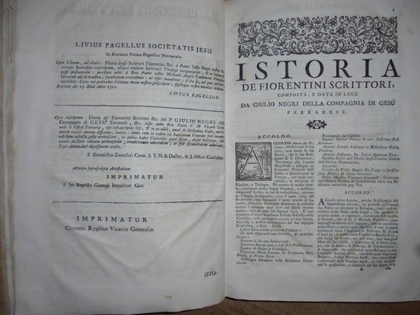 (Firenze) ISTORIA degli Scrittori Fiorentini la quale abbraccia intorno à …