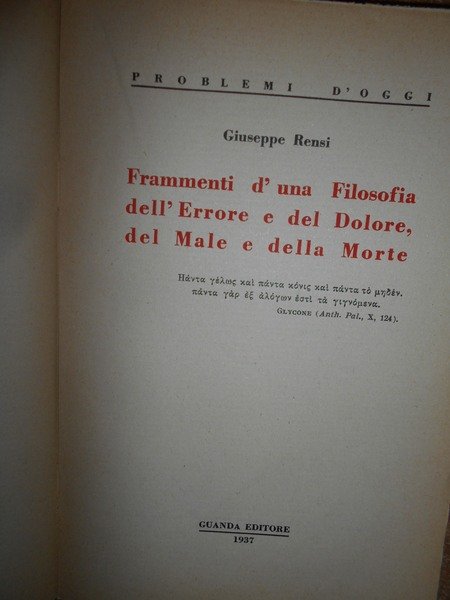 Frammenti d' una Filosofia dell' Errore e del Dolore, del …