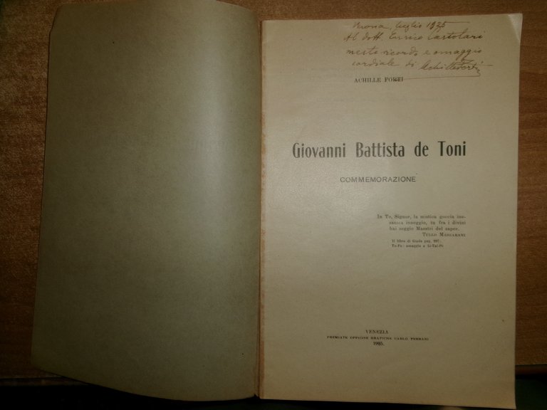 GIOVANNI BATTISTA de TONI. Commemorazione. Achille Forti 1925