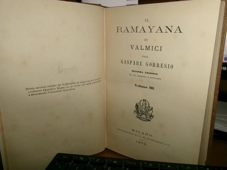 IL RAMAYANA di VALMICI per Gaspare Gorresio 1868 - 1870
