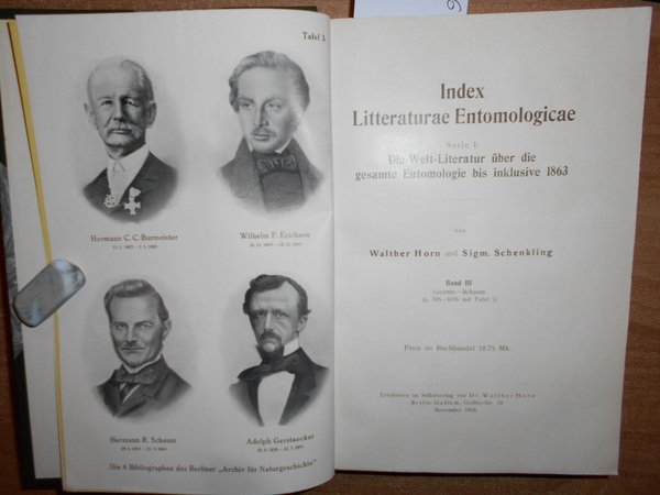INDEX Litteraturae Entomologicae. Die Welt-Literatur uber die gesamte Entomologie bis …