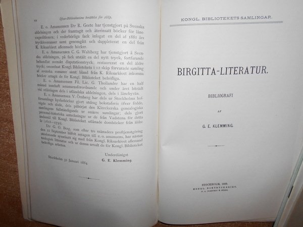 Kongl. Bibliotekets Handlingar. Årsberättelse för år 1883.Bibliografi Birgitta-Literatur