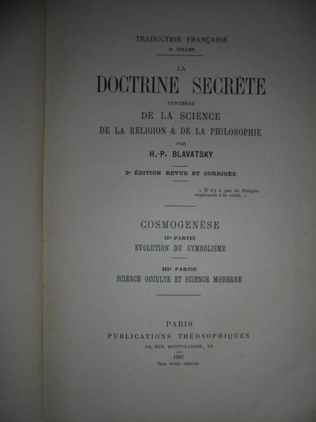 La Doctrine secrète synthèse de la Science de la Religion.