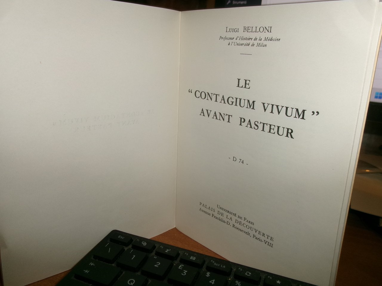 Le " CONTAGIUM VIVUM " AVANT PASTEUR. LUIGI BELLONI 1961