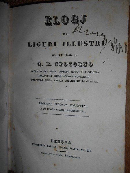 (Liguria) ELOGJ di LIGURI Illustri scritti dal P. G.B. Spotorno