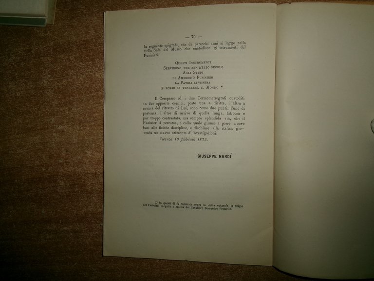 NARDI Giuseppe, Le scoperte del Fusinieri. Cenni storici... 1875