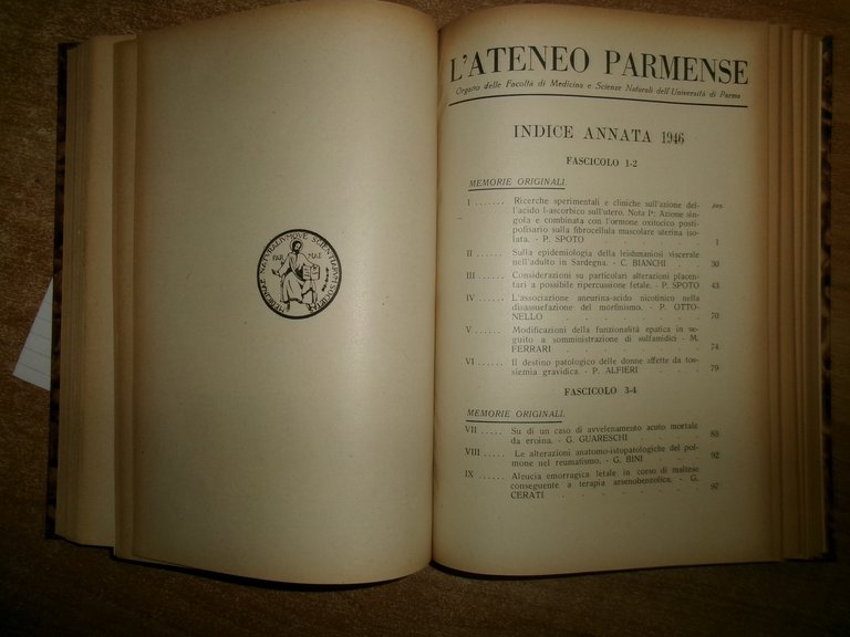 (PARMA) L' Ateneo Parmense 1945-46 volume XVI ex libris Domenico …