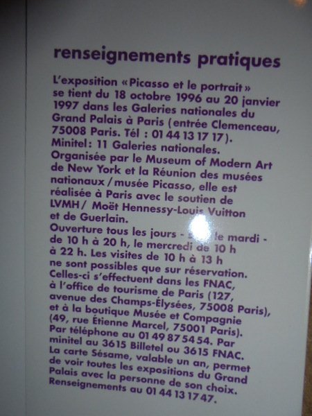 PICASSO et le portrait. Grand Palais à Paris 1996