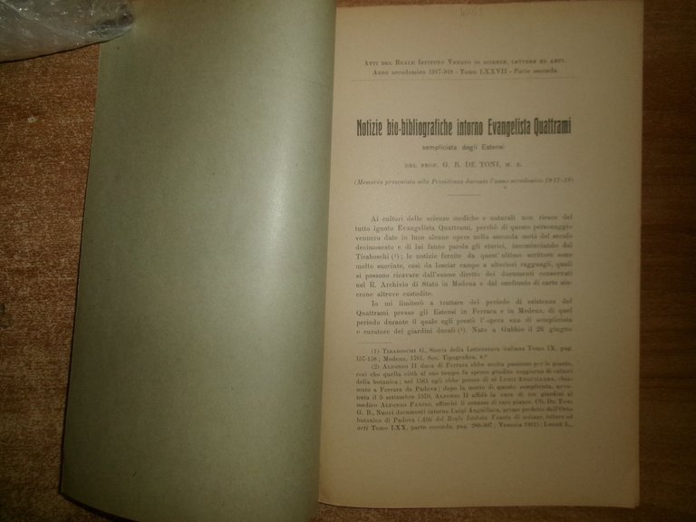 Prof. G.B. DE TONI. Notizie bio-bibliografiche intorno EVANGELISTA QUATTRAMI 1918 | Immagine Gallery 2