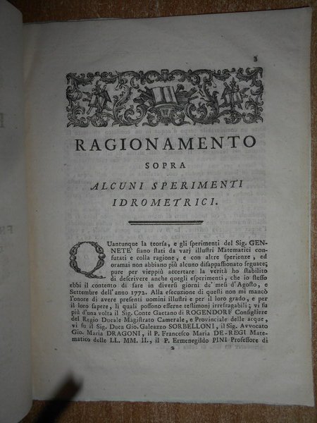 RAGIONAMENTO sopra alcuni sperimenti idrometrici