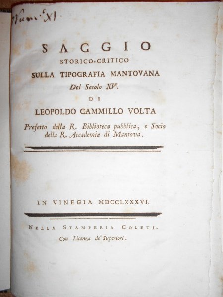 Saggio Storico-Critico sulla Tipografia Mantovana Del Secolo XV
