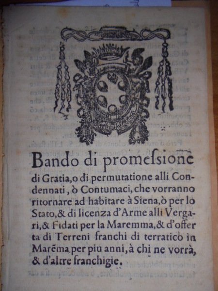 (Siena bandi) BANDO di promessione di gratia o di permutatione …