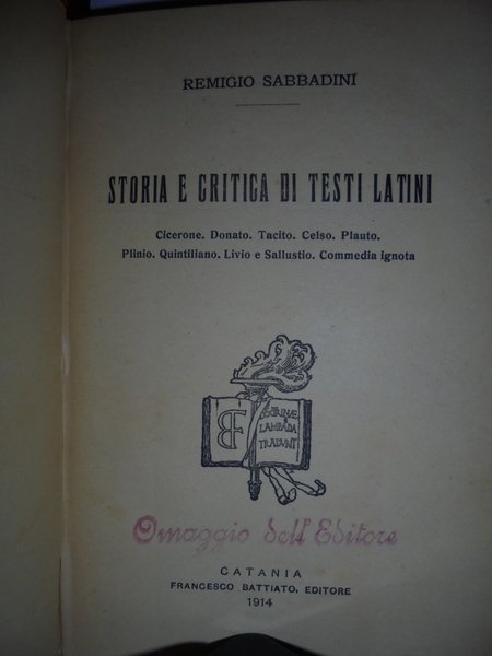 Storia e critica di testi latini. Cicerone, Donato, Tacito, Celso, …