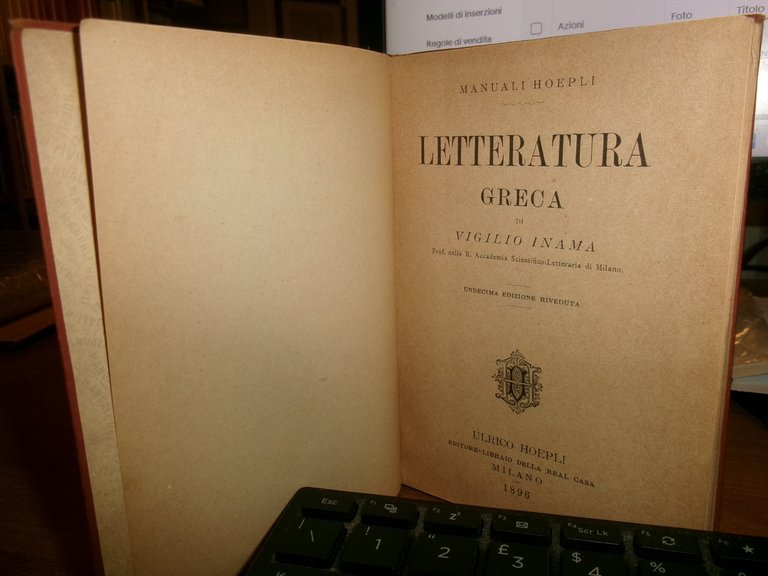 V. INAMA . Letteratura Greca Undecima Edizione - Hoepli 1896