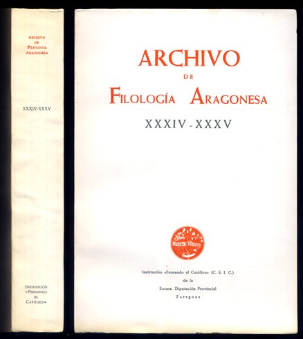 Archivo de Filología Aragonesa. XXXIV-XXXV. F.W. Hodcroft: "Elpha", nombre enigmático del "Cantar del Mío Cid"; Manuel Alvar: Trancripción Paleográfica del "Sacrificio de la Misa" (BNM, ms. 1533); Valero Saez San José y Matilde Moreno Martínez: Hombre, gitano y dolor en la colección de cantes flamencos recogidos y acotados por Antonio Machado y Álvarez, "Demófilo"; F. González Olle: el habla de Ayerbe y otros aragonesismos en la autobiografía de Santiago Ramón y Cajal; Natividad Nebot Calpe: El castellano-aragonés en tierras valencianas (Alt Mijares, Alto Palancia, Serranía de Chelva; Enguera y el Canal de Navarrés); Juan A. Frago Gracia: Las fuentes documentales aragonesas y el diccionario etimológico español de J. Corominas, entre otros