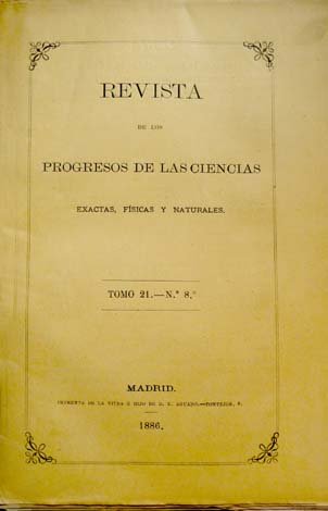 de los Progresos de las Ciencias Exactas, Físicas y Naturales. Tomo 21, nª 8: Determinación de la hora con un anteojo portátil de pasos, en coincidencia aproximada con el meridiano, por Miguel Merino (y) Nivelación barométrica. (Datos de Escuelas Pías de Zaragoza, de Barbastro, de Tafalla, de Sos, y de Jaca; ademas de en Tamarite de Litera por el Dr. Joaquín Carpi).