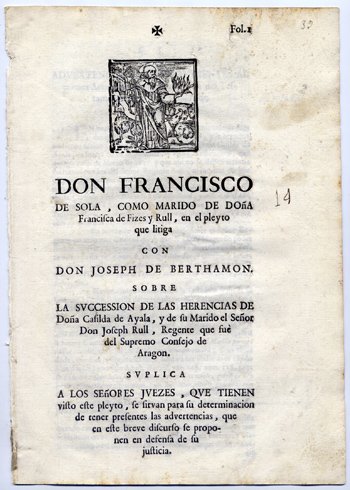 Don Francisco de Sola, como marido de Doña Francisca de …