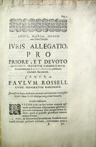 Iuris Allegatio pro Priore et devoto Conventu Fratuum Carmelitarum Excalceatorum … | Immagine principale