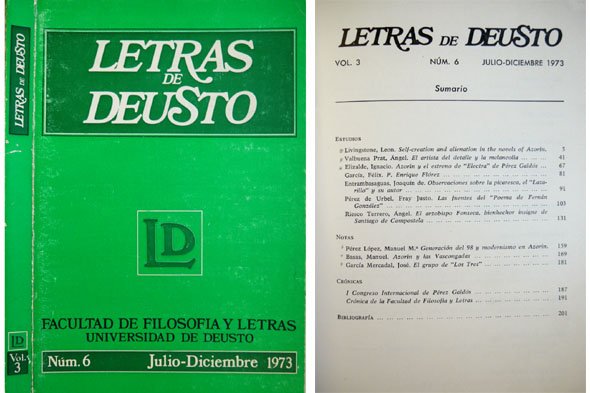 Letras de Deusto. Número 6, Julio-Diciembre, 1973. Número monográfico sobre … | Immagine principale