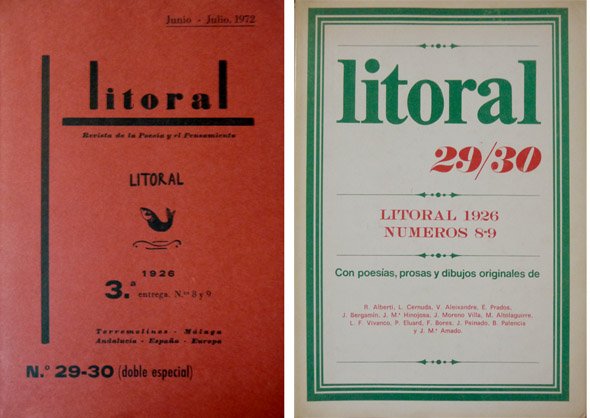 Revista de la Poesía y el Pensamiento. Director: Manuel Gallego Morell. Números 29-30, Junio-Julio 1972. [Reproducción facsímil de los números 8-9 de 1926, con textos de Cernuda, Aleixandre, Moreno Villa, E. Prados, J.M. Hinojosa, Bergamín, Altolaguirre, Alberti, Vivanco, y Paul Eluard e ilustraciones de Francisco Bores, Joaquín Peinado y Benjamín Palencia].