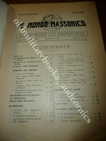 IL MONDO MASSONICO RIVISTA MENSILE 30 SETTEMBRE 1955 n.8-9 RITO …