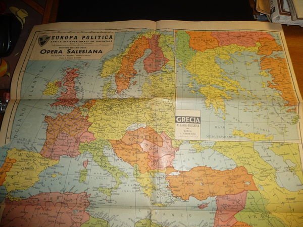 CARTA GEOGRAFICA EUROPA AFRICA SETT.-ORIENTALE GRECIA OPERA SALESIANA 1940