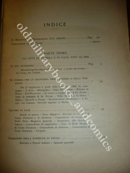 DALLA MIA VITA V. HINDENBURG AUTOBIOGRAFIA DELL'IMPORTANTE GENERALE PERFETTO