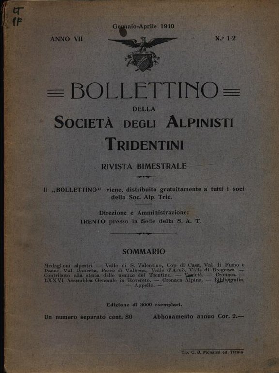 Bollettino della societa' degli alpinisti tridentini gennaio-aprile 1910