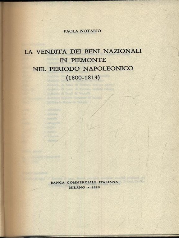 La vendita di beni nazionali in Piemonte nel perioso napoleonico