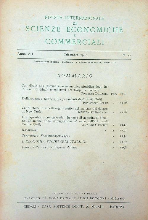 Rivista internazionale di scienze economiche e commerciali. Annata 1960