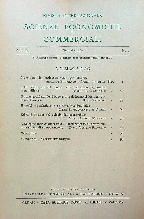Rivista internazionale di scienze economiche e commerciali. Annata 1963