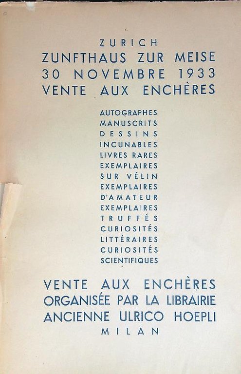 Vente aux encheres 30 Novembre 1933 a Zurich