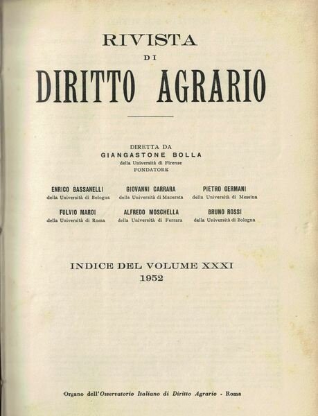 RIVISTA DI DIRITTO AGRARIO Indice del volume XXXI 1952